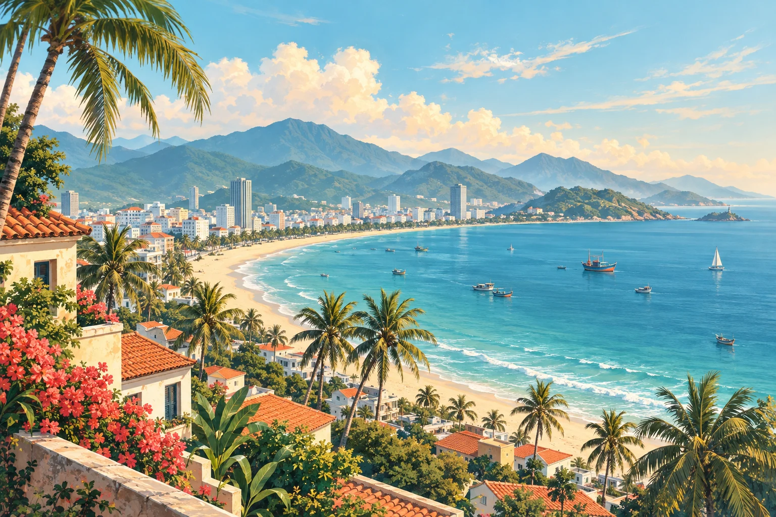 Editorial illustration of a coastal city